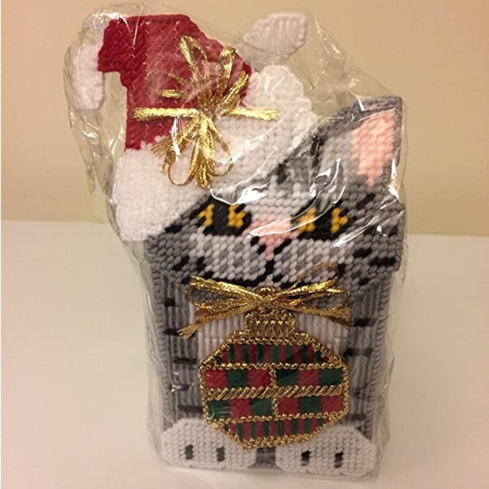 New Christmas Cat Tissue Box Cover Grey Gold Red Green Santa Hat Ornament Decor